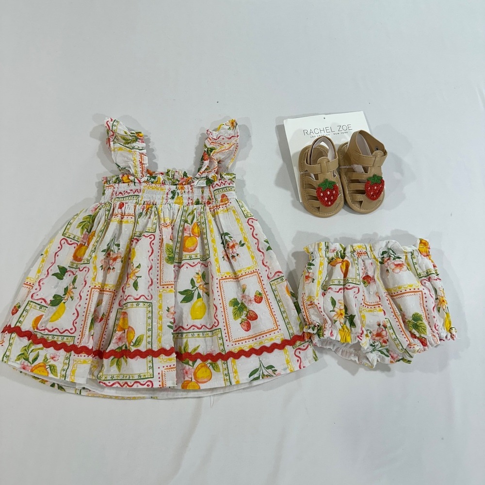 Rachel Zoe Fruit Print Dress Set Baby Girls 6-9M White Strawberry | Cottagecore